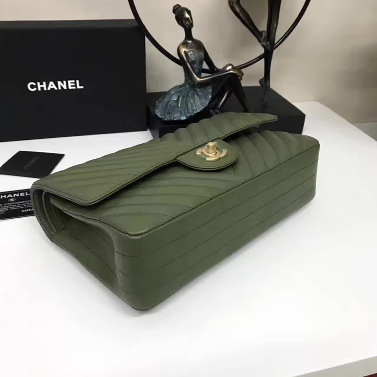 Chanel Flap Shoulder Bags Green Sheepskin Leather A1112 Glod
