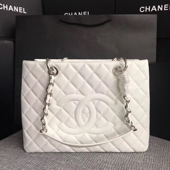 Chanel LE Boy Grand Shopping Tote Bag GST White Cannage Pattern A50995 Silver