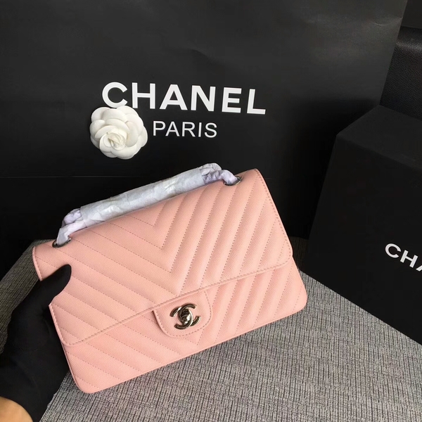 Chanel Flap Shoulder Bags Pink Original Calfskin Leather CF1112 Silver