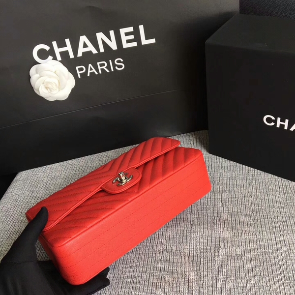 Chanel Flap Shoulder Bags Red Original Calfskin Leather CF1112 Silver