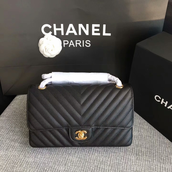 Chanel Flap Shoulder Bags Black Original Calfskin Leather CF1112 Gold