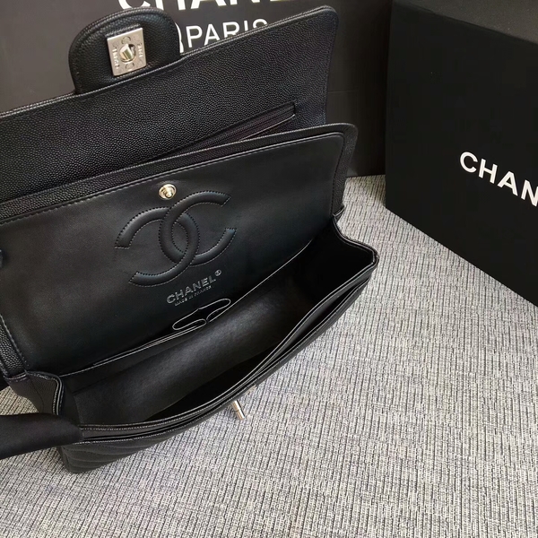 Chanel Flap Shoulder Bags Black Original Calfskin Leather CF1112 Silver