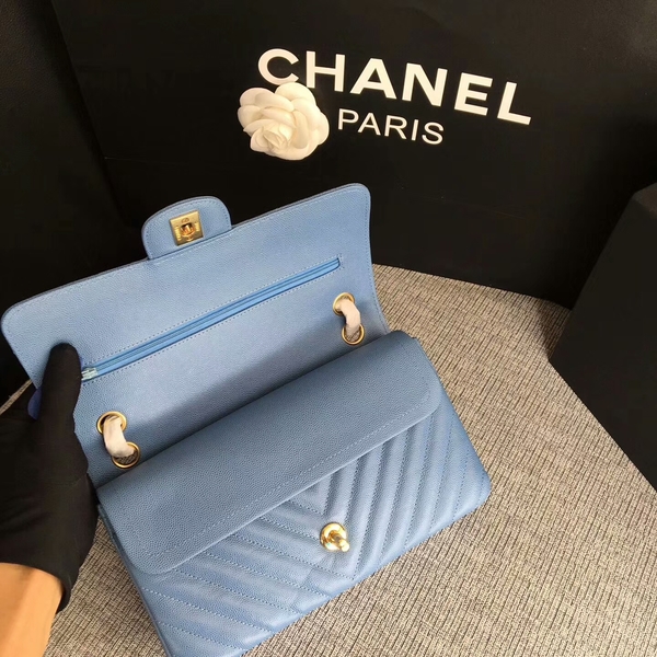 Chanel Flap Shoulder Bags Skyblue Original Calfskin Leather CF1112 Gold