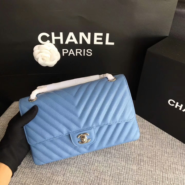 Chanel Flap Shoulder Bags Skyblue Original Calfskin Leather CF1112 Silver