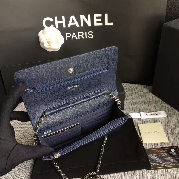 Chanel WOC Original Calfskin Leather Dark Blue Shoulder Bag 33814 Silver