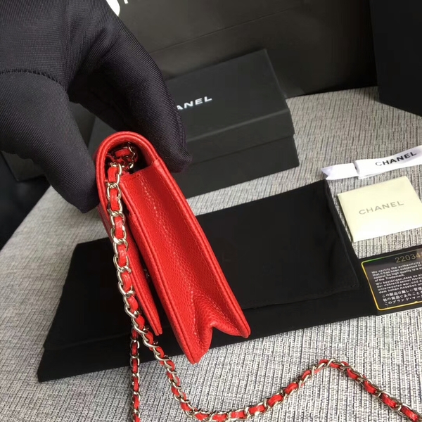 Chanel WOC Original Calfskin Leather Red Shoulder Bag 33814 Silver