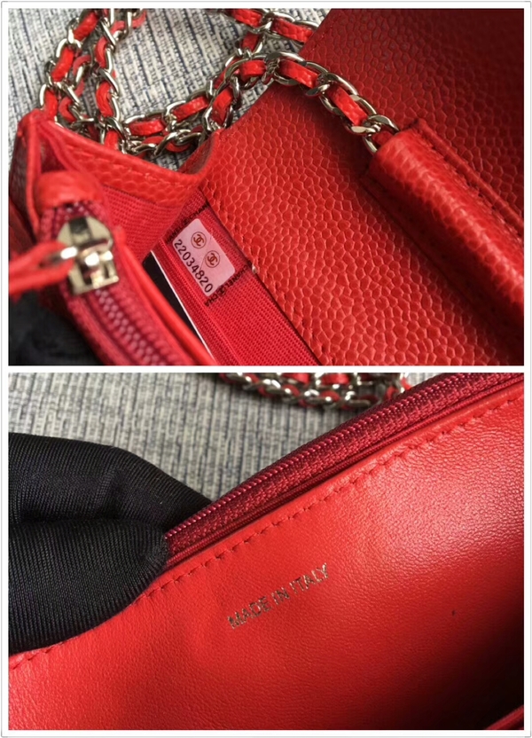 Chanel WOC Original Calfskin Leather Red Shoulder Bag 33814 Silver