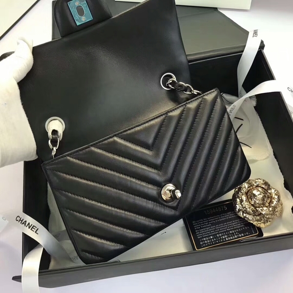 Chanel Classic Flap Bags Black Original Sheepskin Leather 1116 Silver