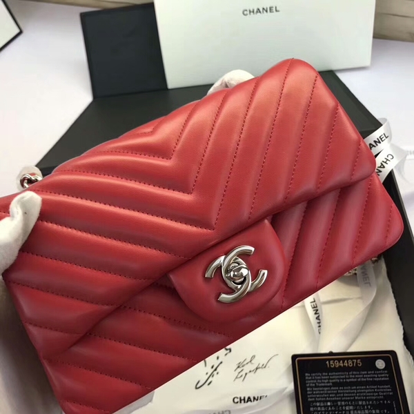 Chanel Classic Flap Bags Red Original Sheepskin Leather 1116 Silver