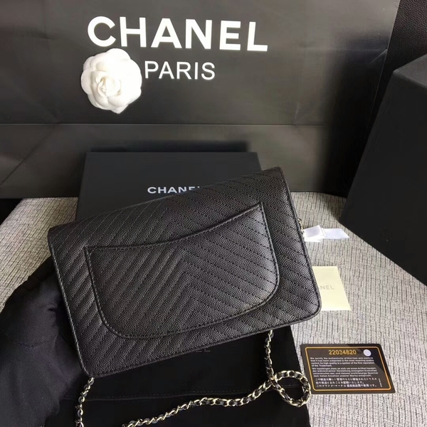 Chanel WOC Flap Shoulder Bag Black Calfskin A33814 Silver