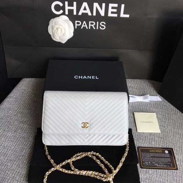 Chanel WOC Flap Shoulder Bag White Calfskin A33814 Gold