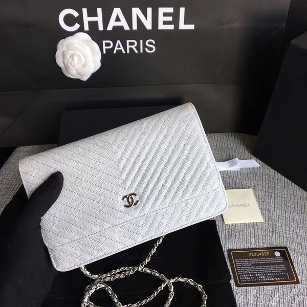 Chanel WOC Flap Shoulder Bag White Calfskin A33814 Silver