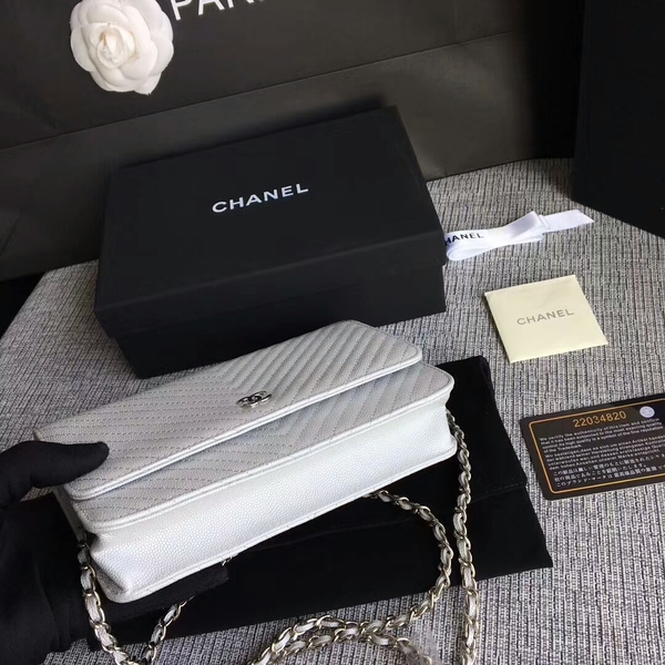 Chanel WOC Flap Shoulder Bag White Calfskin A33814 Silver