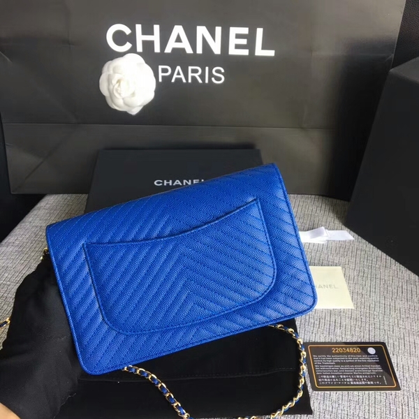 Chanel WOC Flap Shoulder Bag Blue Calfskin Leather A33814 Gold