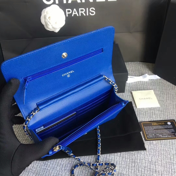 Chanel WOC Flap Shoulder Bag Blue Calfskin Leather A33814 Silver