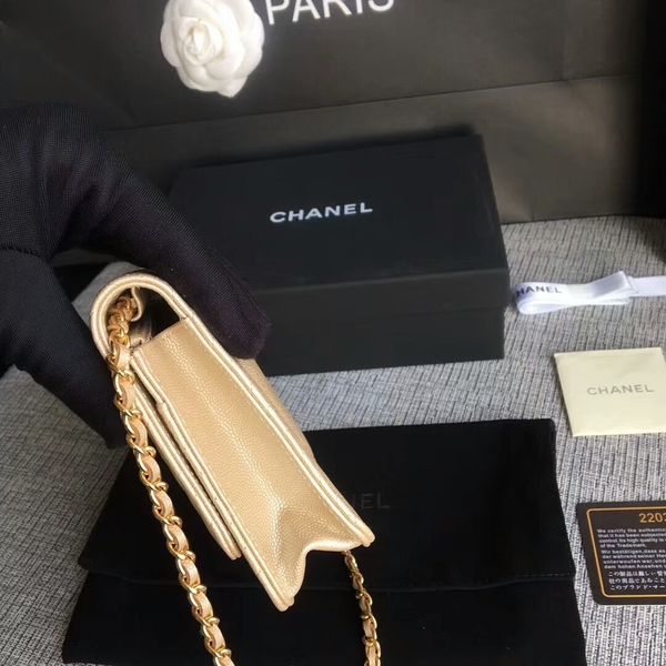 Chanel WOC Flap Shoulder Bag Gold Calfskin Leather A33814 Gold