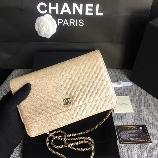Chanel WOC Flap Shoulder Bag Gold Calfskin Leather A33814 Silver