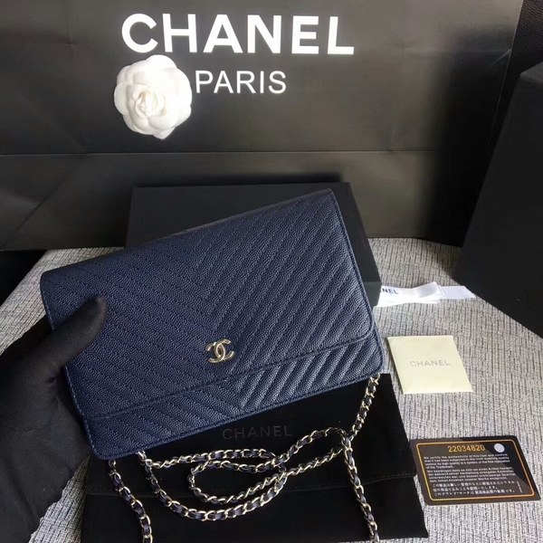 Chanel WOC Flap Shoulder Bag Dark Blue Calfskin Leather A33814 Silver