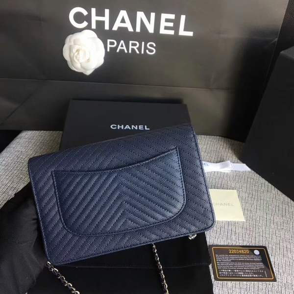 Chanel WOC Flap Shoulder Bag Dark Blue Calfskin Leather A33814 Silver