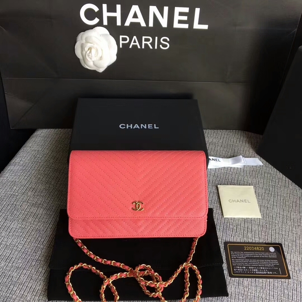 Chanel WOC Flap Shoulder Bag Peach Calfskin Leather A33814 Gold