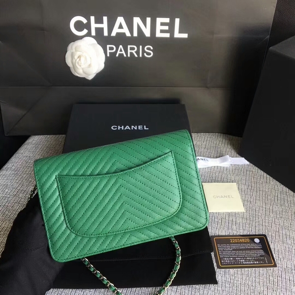 Chanel WOC Flap Shoulder Bag Green Calfskin Leather A33814 Silver
