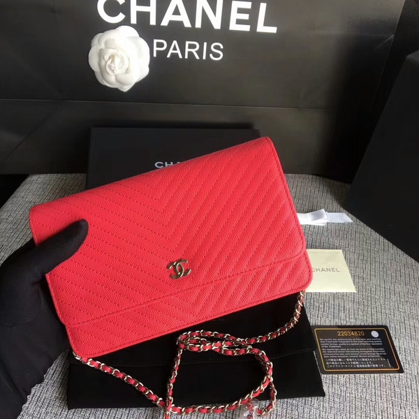 Chanel WOC Flap Shoulder Bag Pink Calfskin Leather A33814 Silver