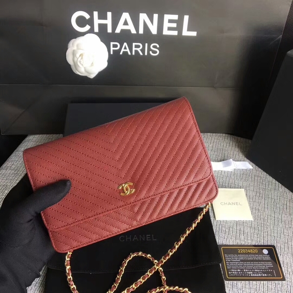 Chanel WOC Flap Shoulder Bag Dark Red Calfskin Leather A33814 Gold