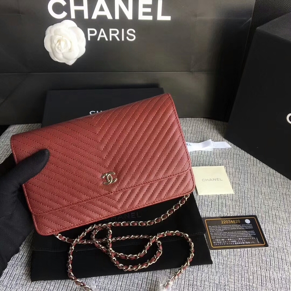 Chanel WOC Flap Shoulder Bag Dark Red Calfskin Leather A33814 Silver