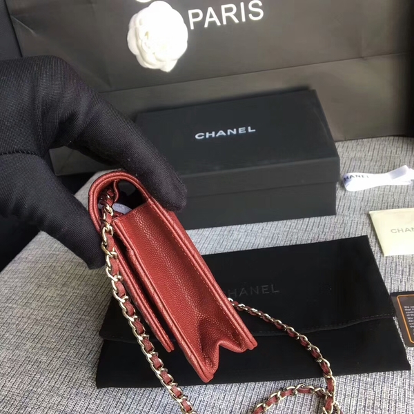 Chanel WOC Flap Shoulder Bag Dark Red Calfskin Leather A33814 Silver