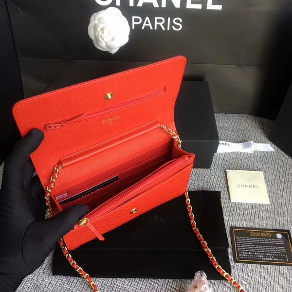 Chanel WOC Flap Shoulder Bag Red Calfskin Leather A33814 Gold