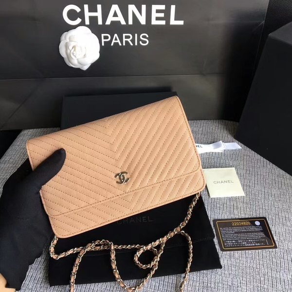Chanel WOC Flap Shoulder Bag Camel Calfskin Leather A33814 Silver