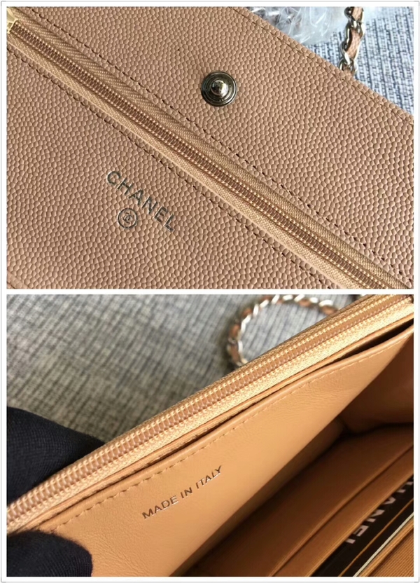 Chanel WOC Flap Shoulder Bag Camel Calfskin Leather A33814 Silver