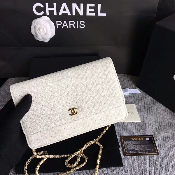 Chanel WOC Flap Shoulder Bag Offwhite Calfskin Leather A33814 Gold