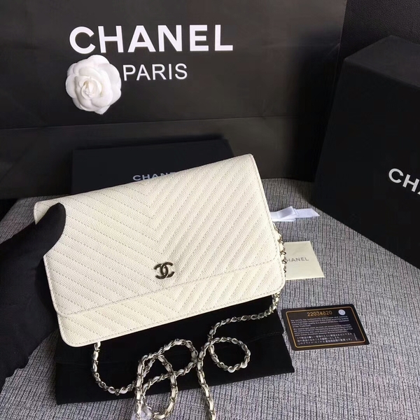 Chanel WOC Flap Shoulder Bag Offwhite Calfskin Leather A33814 Silver