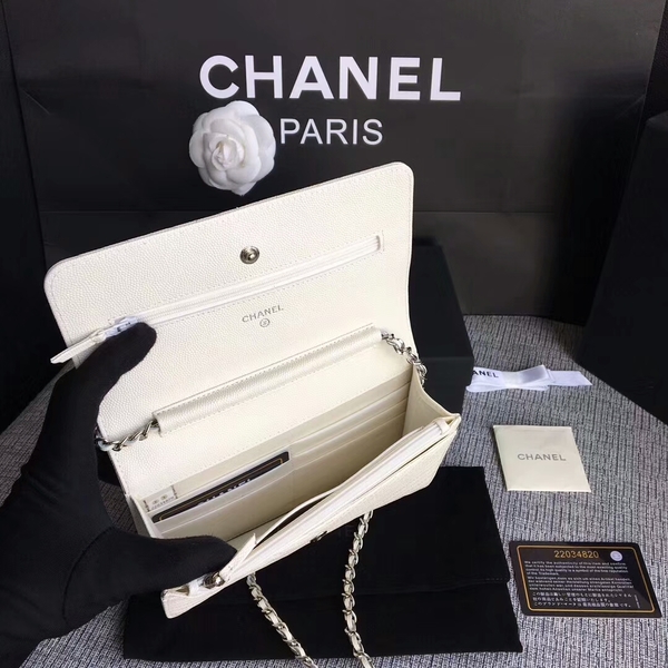 Chanel WOC Flap Shoulder Bag Offwhite Calfskin Leather A33814 Silver