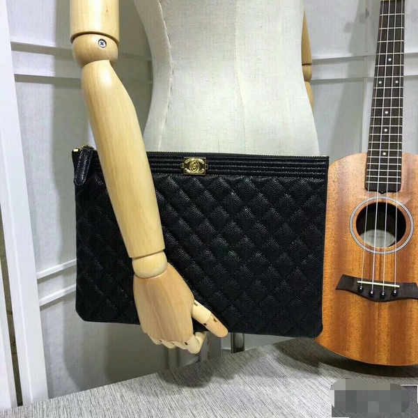 Chanel Clutch Bag Black Caviar Leather 7010 Gold