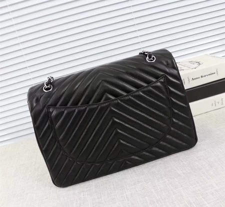 Chanel Maxi Classic Flap Bag Black Chevron Sheepskin Leather A58601 Silver
