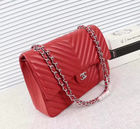 Chanel Maxi Classic Flap Bag Red Chevron Sheepskin Leather A58601 Silver