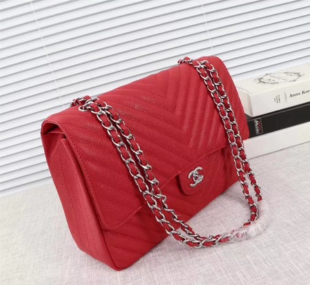 Chanel Maxi Quilted Classic Flap Bag Red Chevron Cannage Pattern A58601 Silver