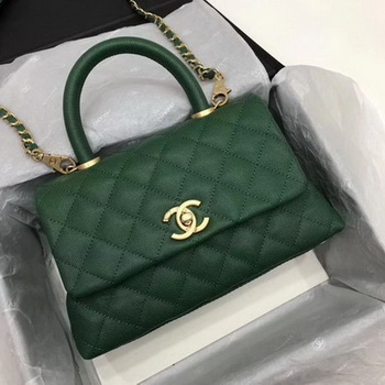 Chanel Classic Top Handle Bag Green Cannage Pattern A92290 Gold