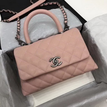 Chanel Classic Top Handle Bag Pink Cannage Pattern A92290 Silver