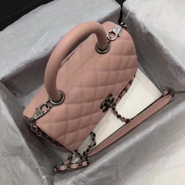 Chanel Classic Top Handle Bag Pink Cannage Pattern A92290 Silver