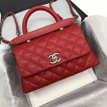 Chanel Classic Top Handle Bag Red Cannage Pattern A92290 Silver