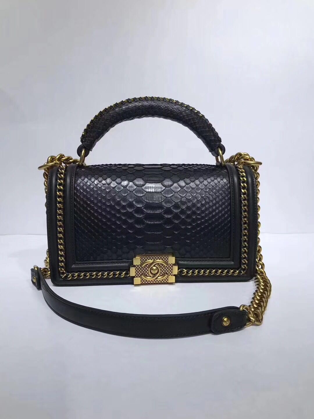 Boy Chanel Flap Shoulder Bag original Snake leather 67086 black