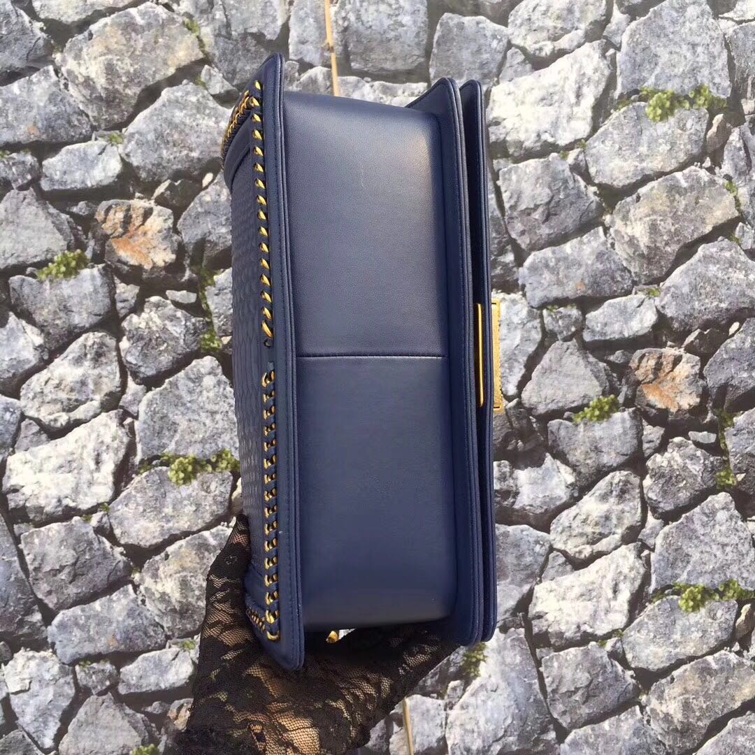 Boy Chanel Flap Shoulder Bag original Snake leather 67086 dark blue