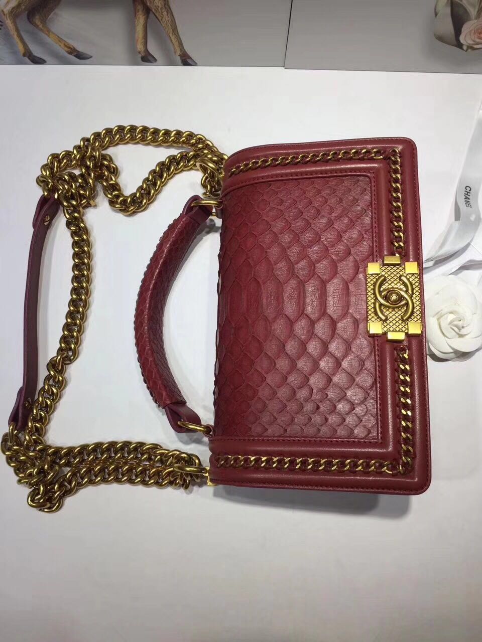 Boy Chanel Flap Shoulder Bag original Snake leather 67086 red