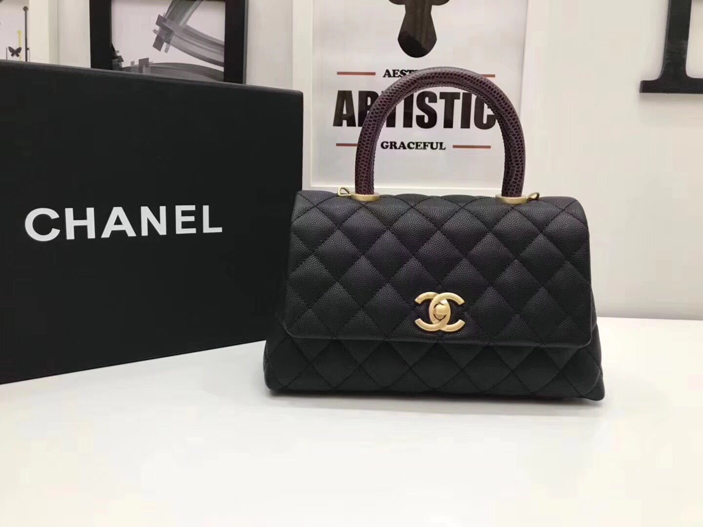 Chanel Classic Top Handle Bag black Cannage Pattern A92290 Gold