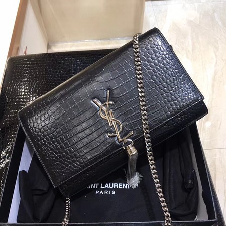 Yves Saint Laurent Crocodile Leather Shoulder Bag 1456 Black&Silver