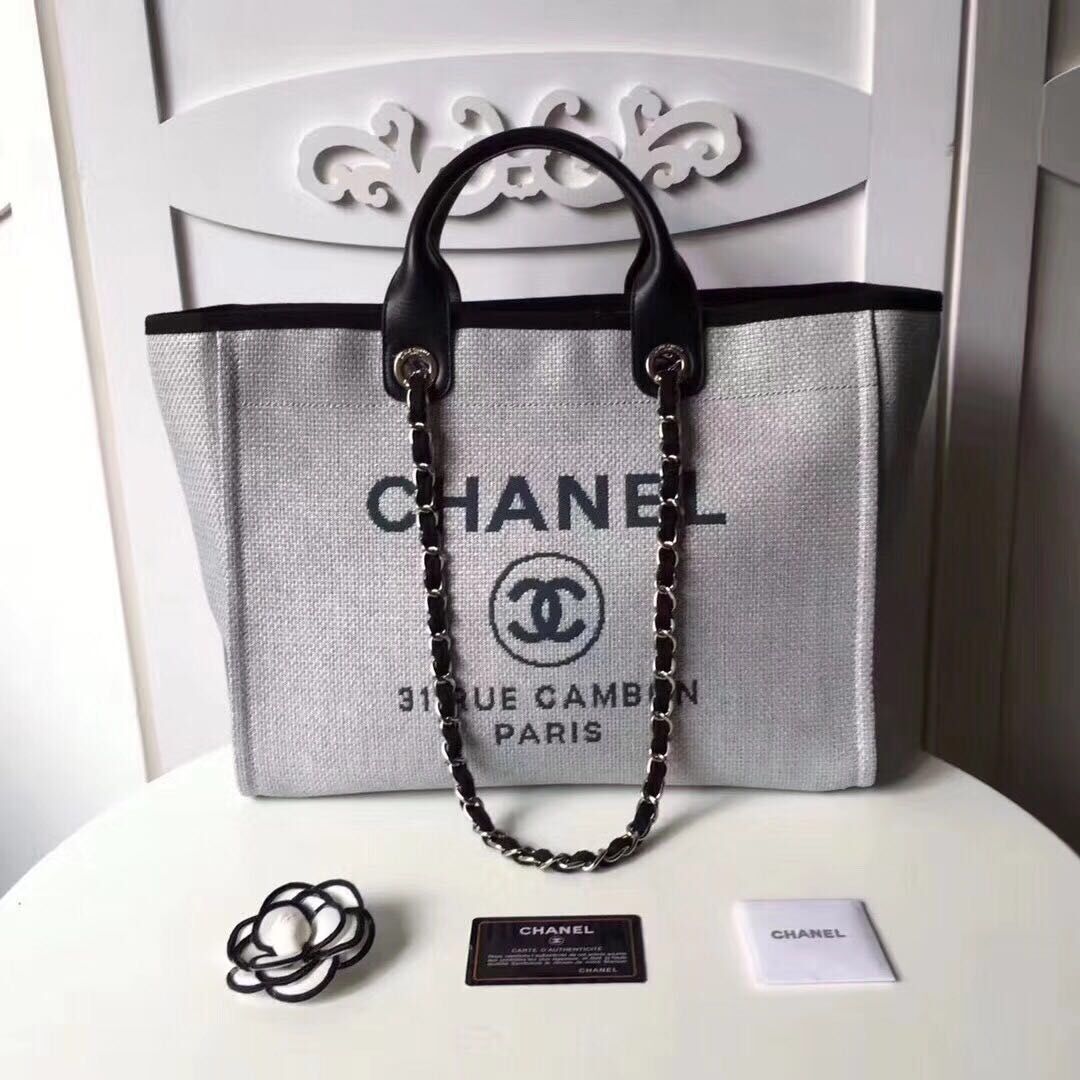 Chanel Original Canvas Leather Tote Shopping Bag 92298 grey