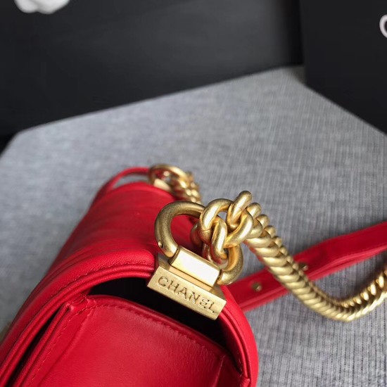 Chanel Le Boy Flap Shoulder Bag Original Calf leather A67085 Bright red Gold Buckle